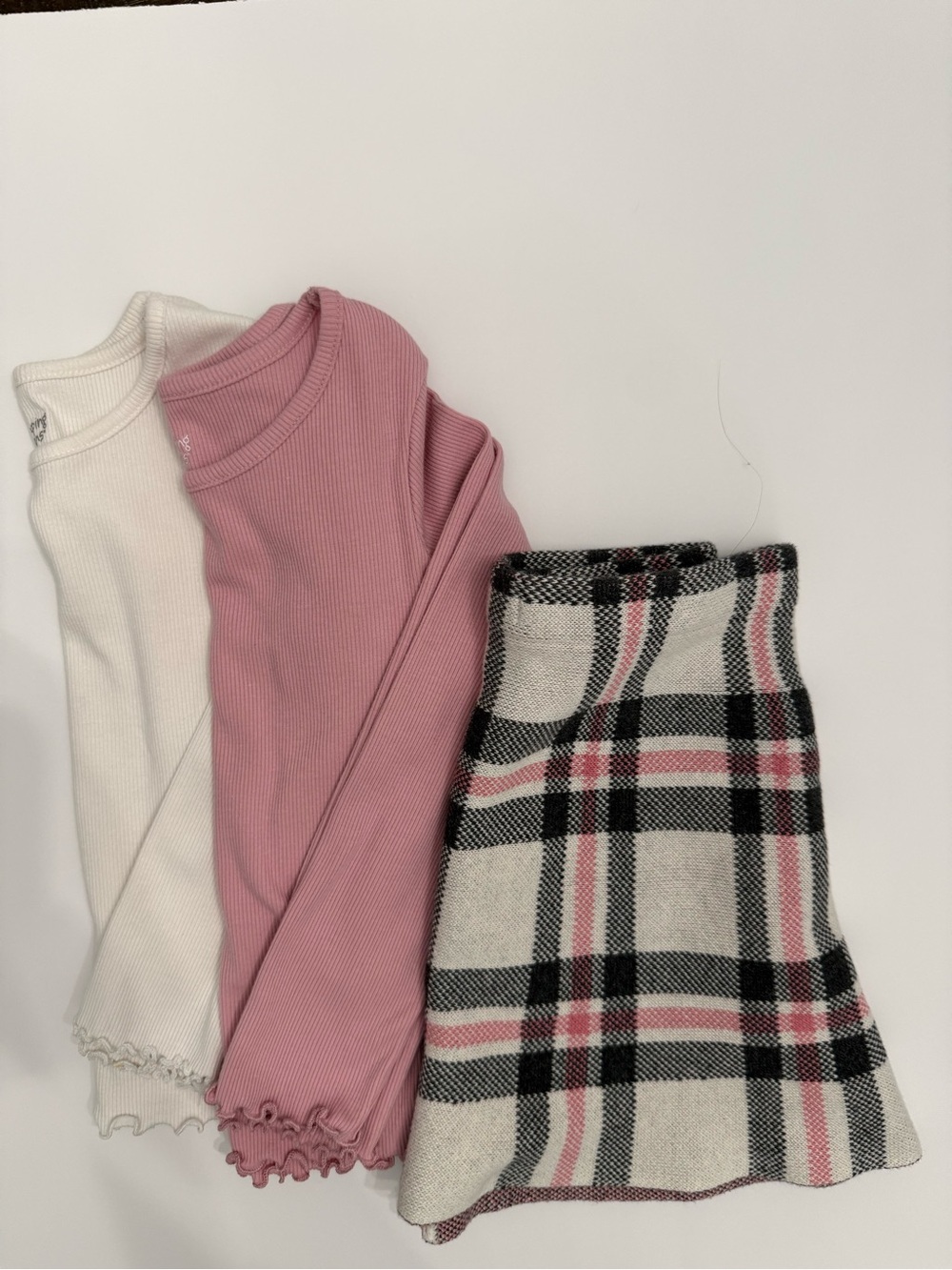 Girls Pink & Cream Ribbed Tops with Plaid Mini Skirt size 6